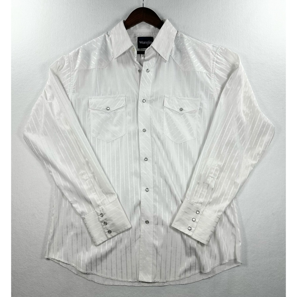 Wrangler Mens White Jacquard Stripe Western Snap Shirt L 75221WH Cowboy Pearl